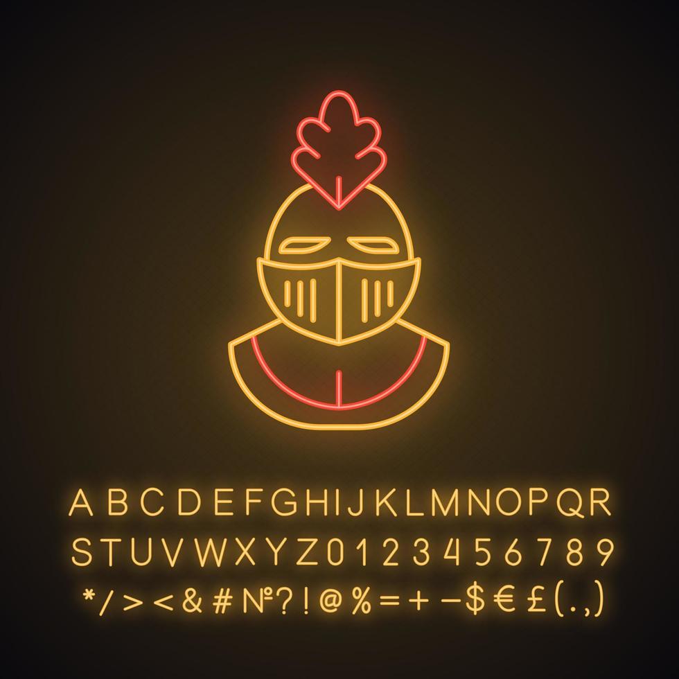 Knight helmet neon light icon. Medieval helm. Gladiator helmet. Protective headgear of knights or soldiers. Warrior armor. Glowing sign with alphabet, numbers and symbols. Vector isolated illustration