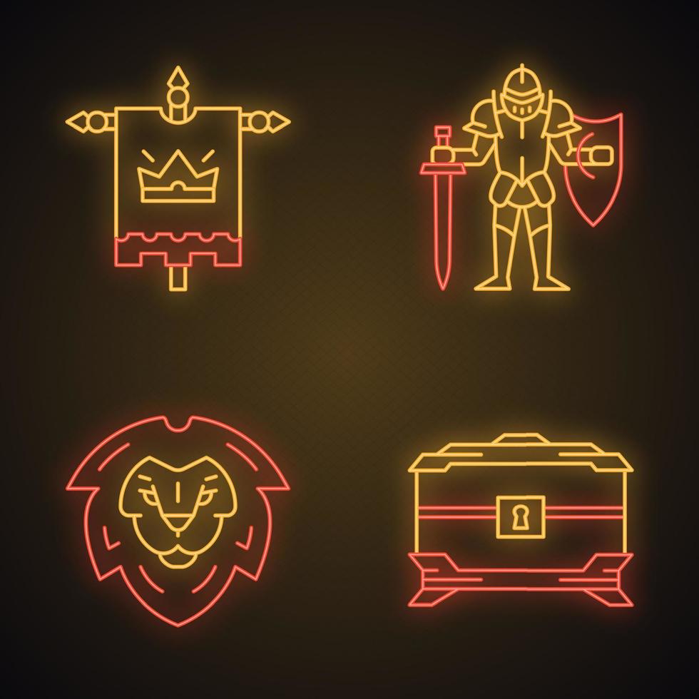 Medieval neon light icons set. King flag, lion head shield, treasure chest, knight in full suit of armor with sword and shield. Glowing signs. Vector isolated illustrations