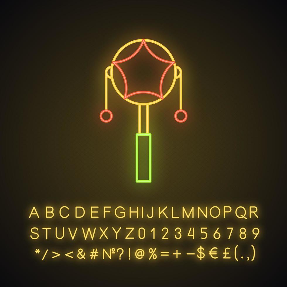 Mexican pellet drum neon light icon. Rattle drum. Percussion musical instrument. Spinning monkey drum. Glowing sign with alphabet, numbers and symbols. Vector isolated illustration