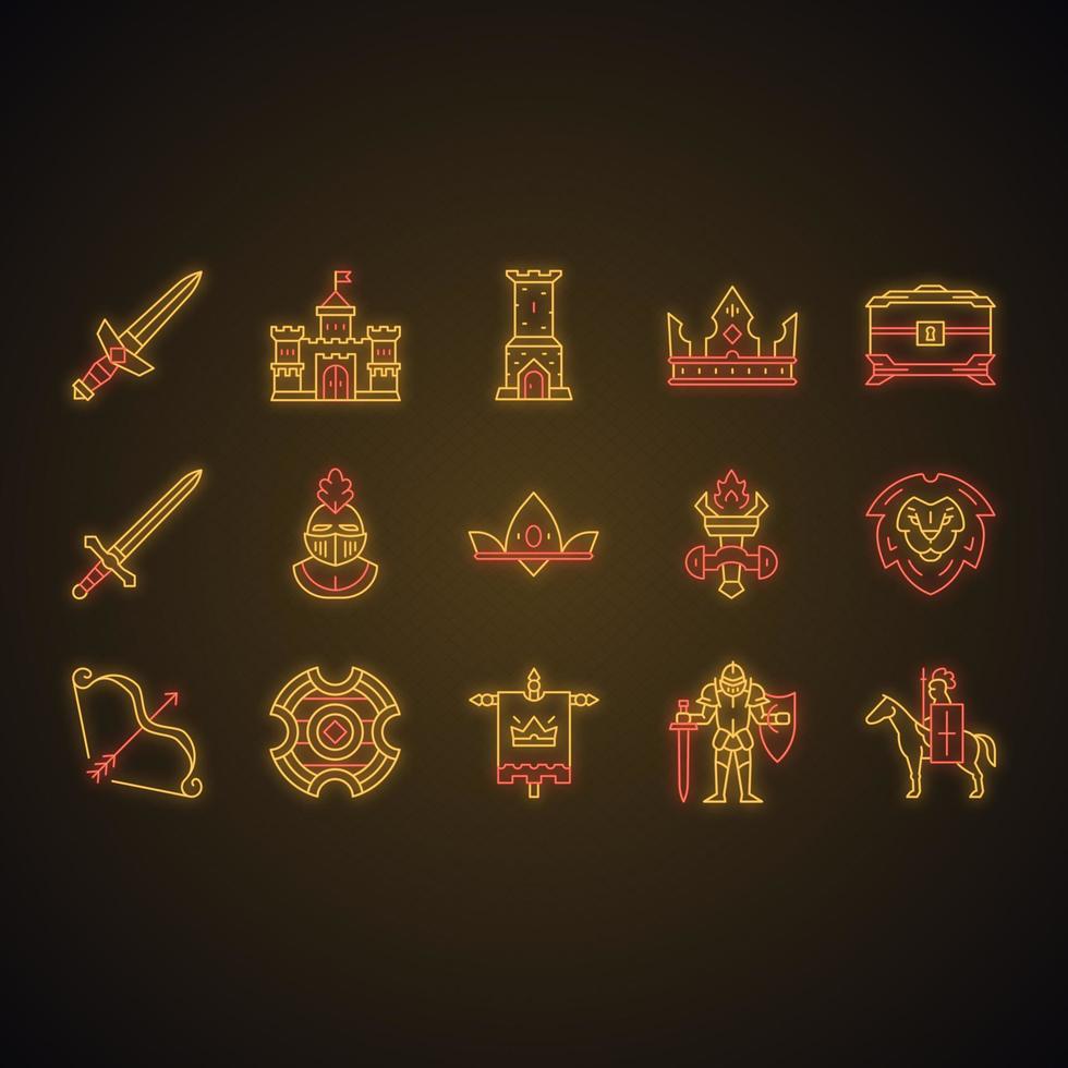 Medieval neon light icons set. Knights and accessories. Middle ages attributes. Kingdom. Glowing signs. Vector isolated illustrations