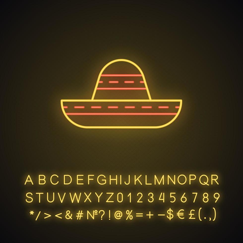 Sombrero neon light icon. Traditional mexican hat. Wide brim headgear. Glowing sign with alphabet, numbers and symbols. Vector isolated illustration