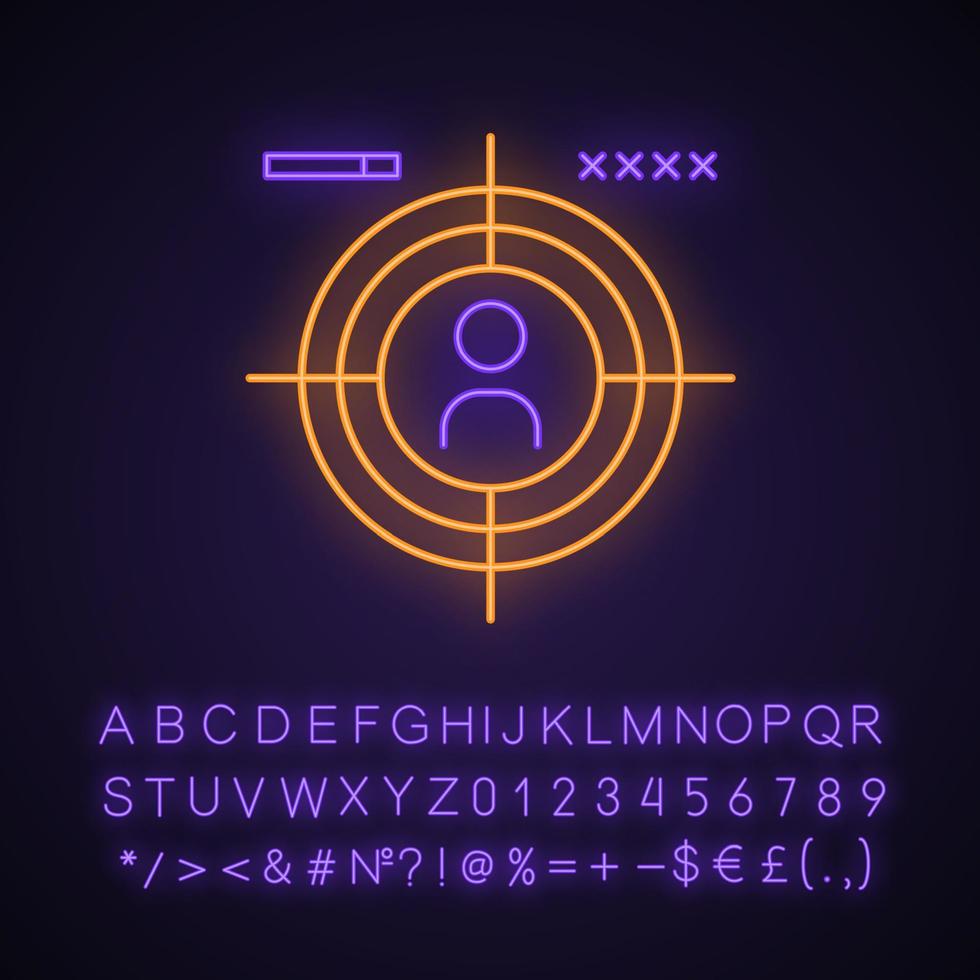 First-person shooter neon light icon. Esports. Shooter video game. FPS. First-person perspective. Glowing sign with alphabet, numbers and symbols. Vector isolated illustration