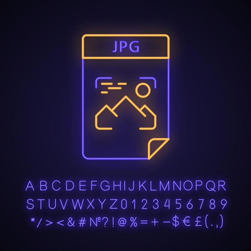 JPG file neon light icon. Digital image file format. Glowing sign with alphabet, numbers and symbols. Vector isolated illustration