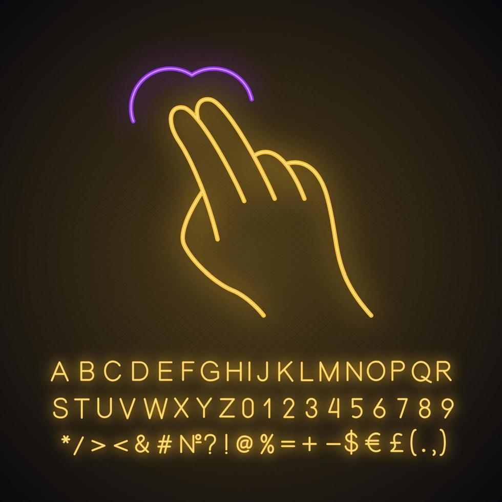 Touchscreen gesture neon light icon. Tap, point, click, double tap, drag, double click gesturing. Using sensory devices. Glowing sign with alphabet, numbers and symbols. Vector isolated illustration