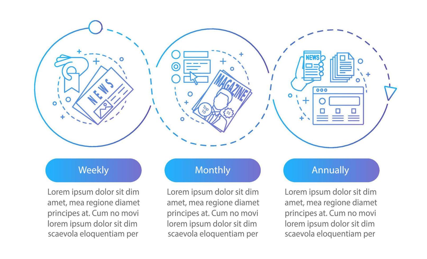 periódico, plantilla de infografía vectorial de suscripción a revista. Planes tarifarios semanales, mensuales. visualización de datos con tres pasos y opciones. gráfico de línea de tiempo del proceso. diseño de flujo de trabajo con iconos vector