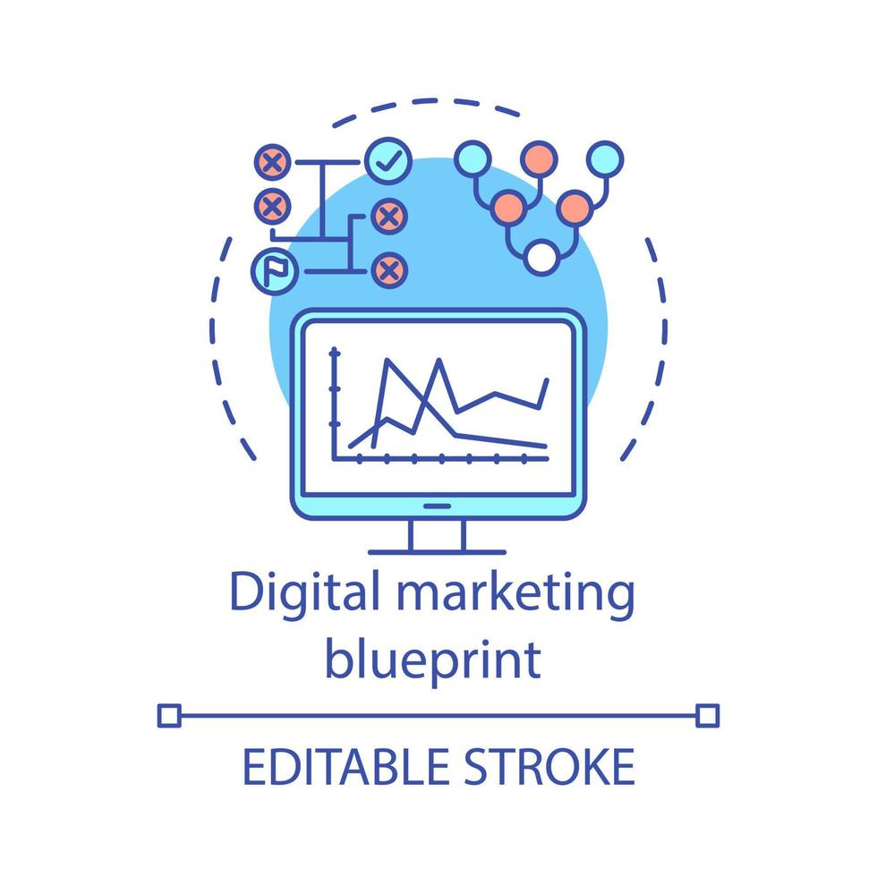 Digital marketing blueprint concept icon. SEO strategy idea thin line illustration. Content management. Marketing analytics. Monitoring, ranking. Vector isolated outline drawing. Editable stroke