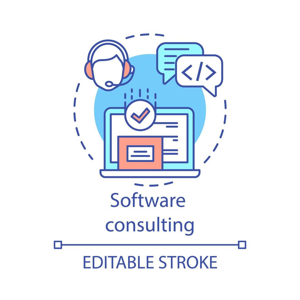 Software consulting concept icon. Web specialist idea thin line illustration. Technical support service. Online solutions. Application management. Vector isolated outline drawing. Editable stroke