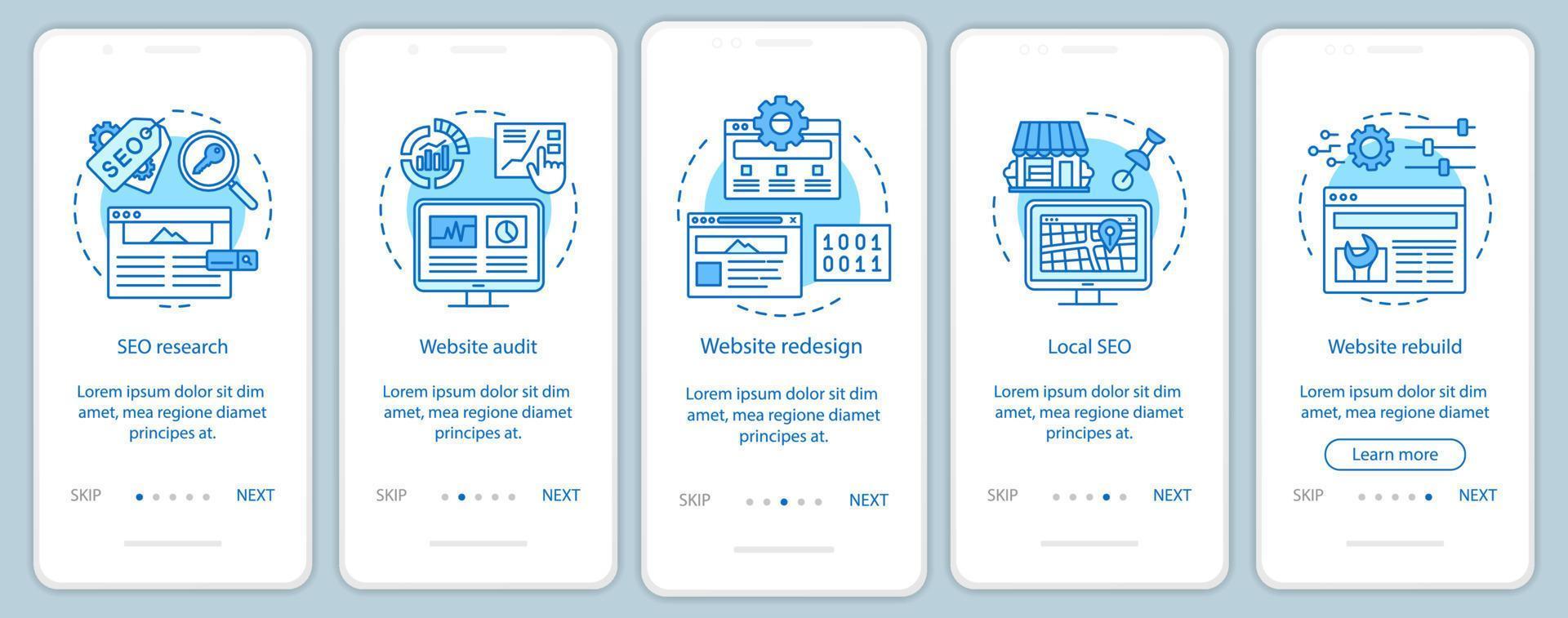 plantilla de vector de pantalla de página de aplicación móvil de incorporación de consultoría web. investigacion seo rediseño del sitio web, auditoría. paso a paso del sitio web con ilustraciones lineales. ux, ui, concepto de interfaz de teléfono inteligente gui