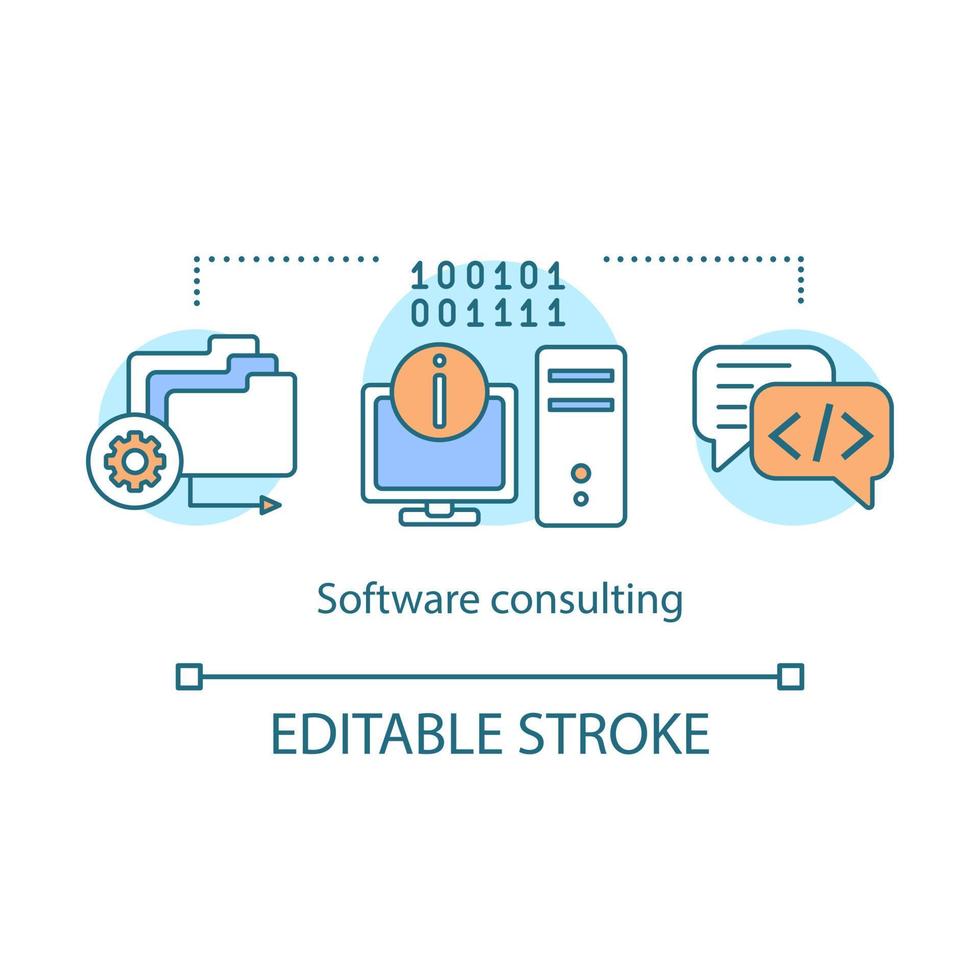 Software consulting concept icon. Website maintenance idea thin line illustration. Tech support service. Software development. Programming, coding. Vector isolated outline drawing. Editable stroke