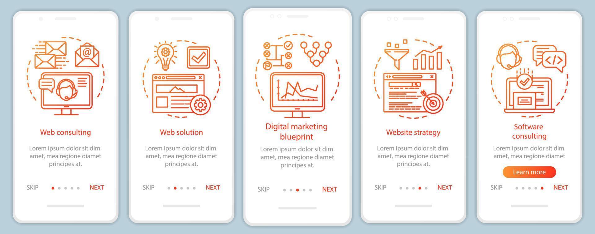 plantilla de vector de pantalla de página de aplicación móvil de incorporación de consultoría web. marketing digital, estrategia de sitio web. paso a paso del sitio web con ilustraciones lineales. ux, ui, concepto de interfaz de teléfono inteligente gui