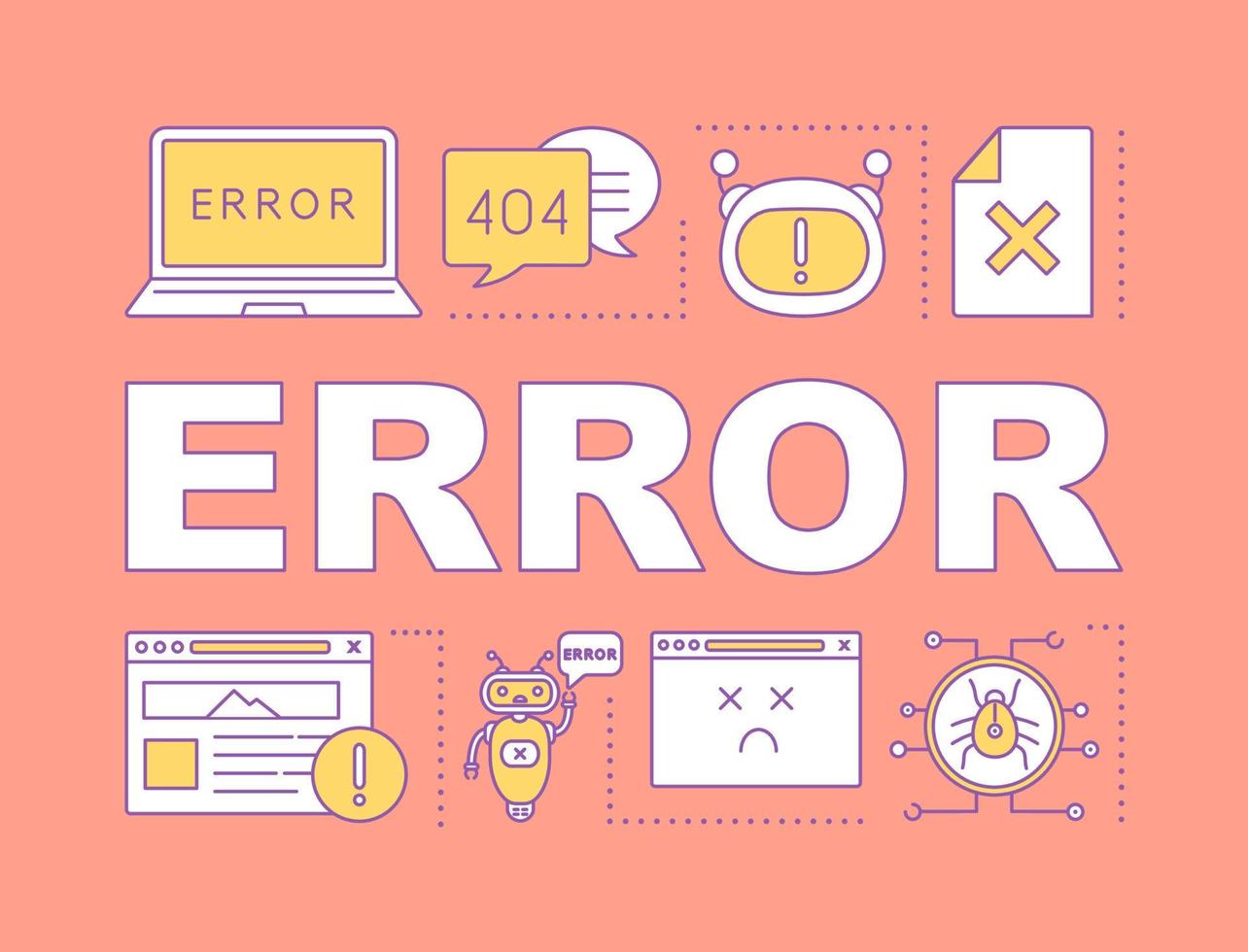 Error word concepts banner. System, server errors. Page not found. Tech assistance. Presentation. Website unavailable. Isolated lettering typography idea with linear icons. Vector outline illustration