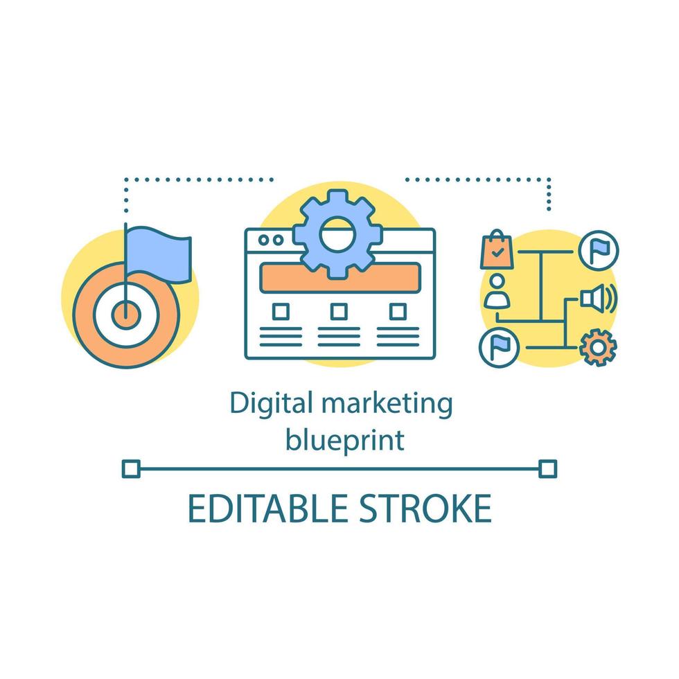 Digital marketing blueprint concept icon. SEO strategy idea thin line illustration. Content management, monitoring. Web analytics. Targeted marketing. Vector isolated outline drawing. Editable stroke