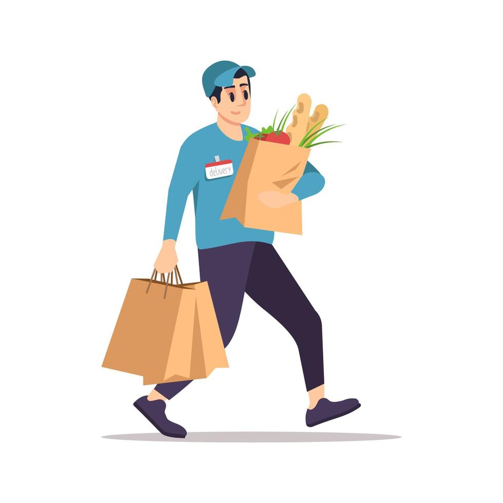 Ilustración de vector plano de entrega de tienda de comestibles. mensajero masculino con bolsas de compras personaje de dibujos animados aislado sobre fondo blanco. verduras frescas, productos alimenticios servicio de entrega puerta a puerta