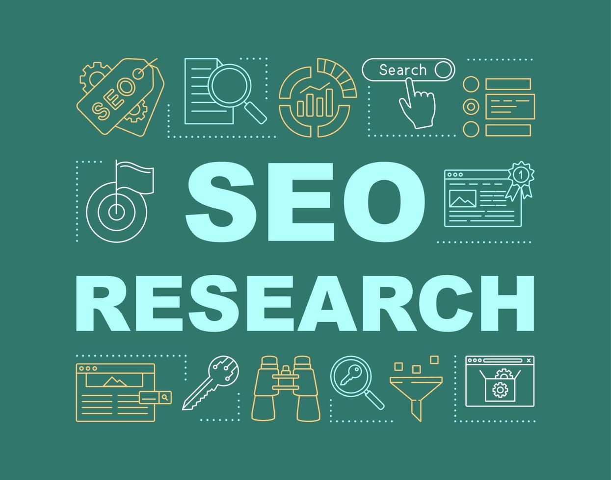 SEO research word concepts banner. Digital marketing strategy. Web consulting, audit, ranking. Presentation, website. Isolated lettering typography idea with linear icons. Vector outline illustration