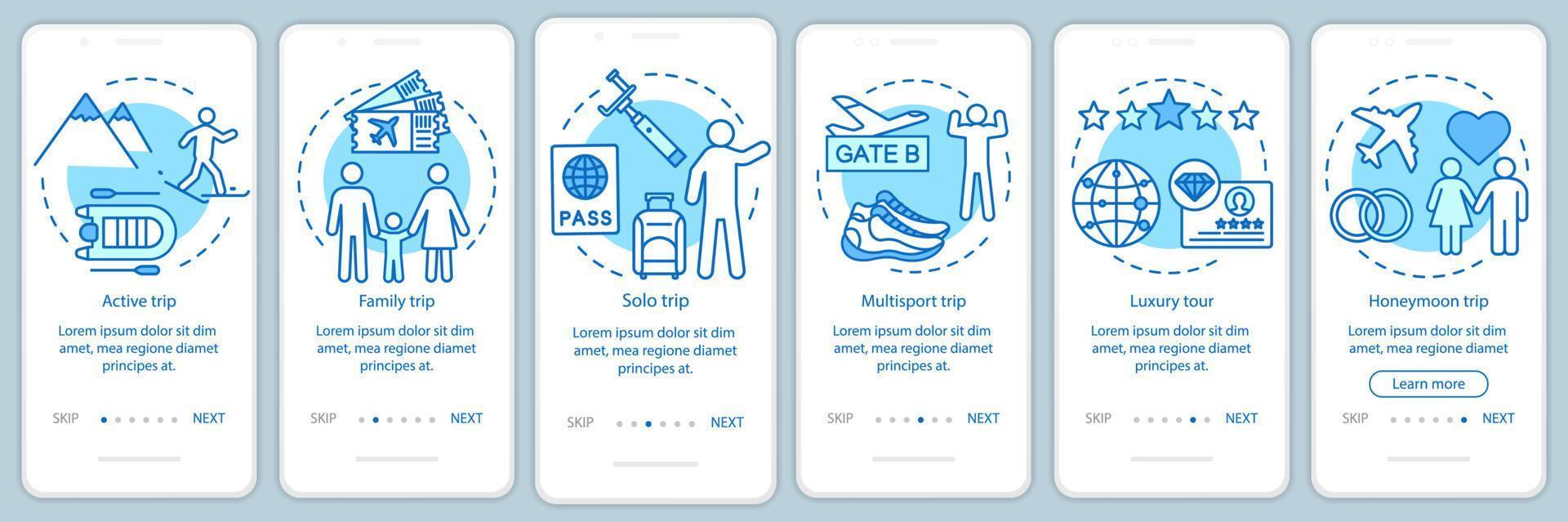 Travel styles onboarding mobile app page screen with linear concepts. Luxury and multisport tour. Six walkthrough steps graphic instructions. Solo trip. UX, UI, GUI vector template with illustrations