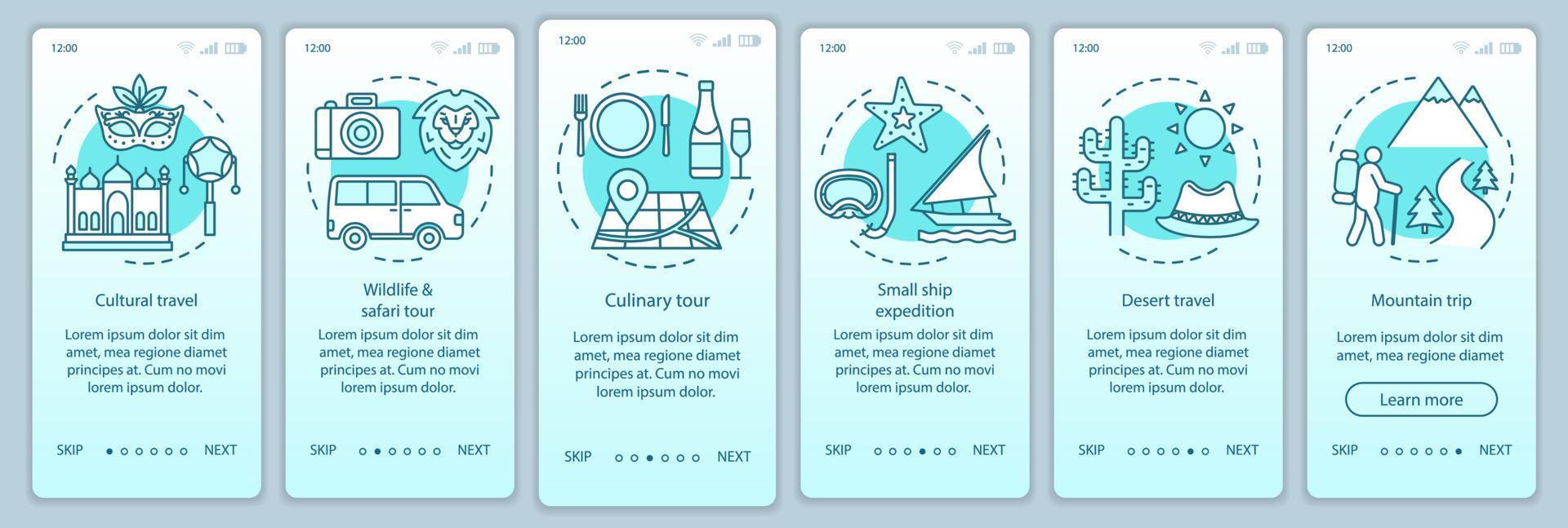 Travel experiences onboarding mobile app page screen vector template. Walkthrough website steps with linear illustrations. Cultural and desert travel. UX, UI, GUI smartphone interface concept