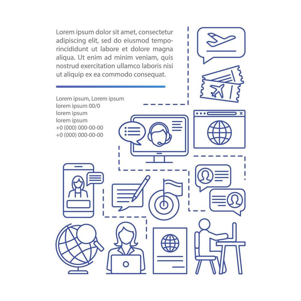 Trip advisor article page vector template. Travel agency. Brochure, magazine, booklet design element with linear icon and text boxes. Trip planning. Print design. Concept illustrations with text space