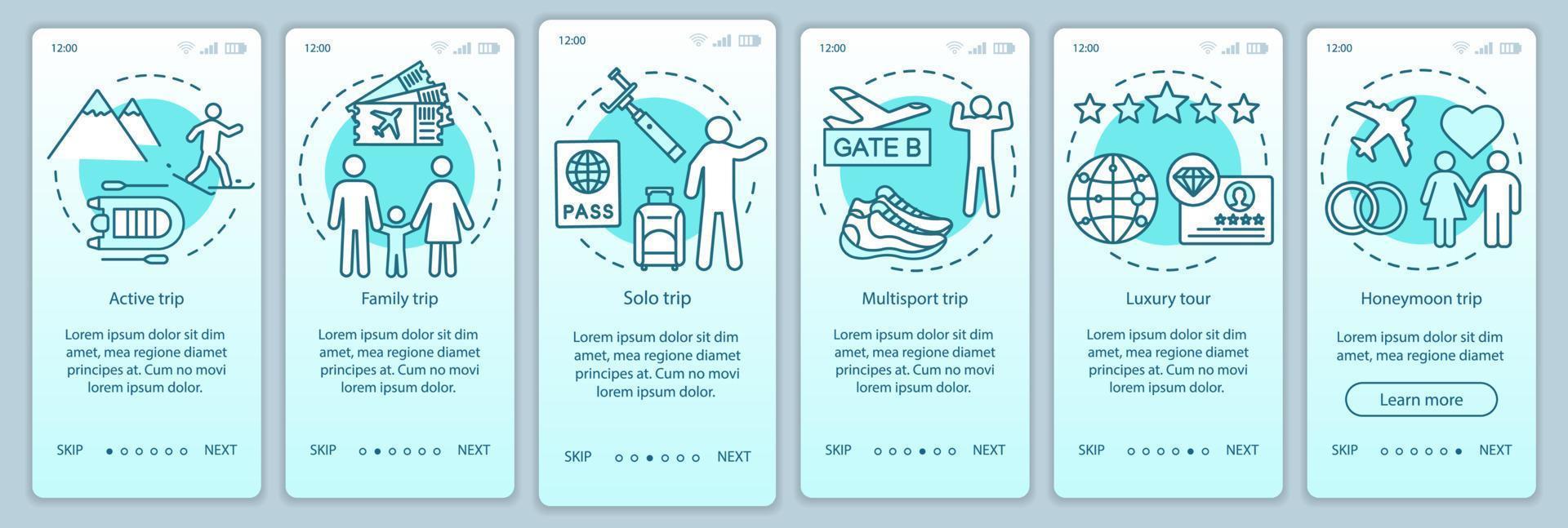 Travel styles onboarding mobile app page screen vector template. Solo trip. Luxury and multisport tour. Walkthrough website steps with linear illustrations. UX, UI, GUI smartphone interface concept