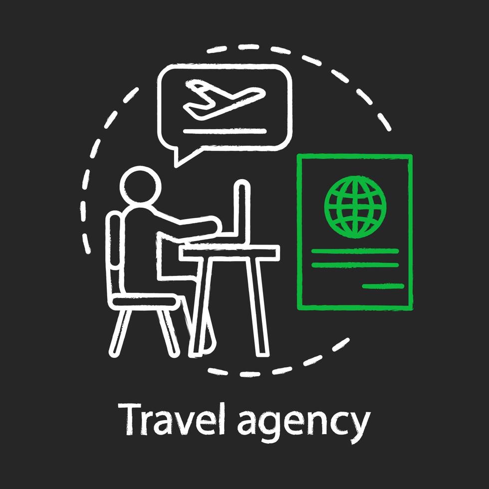 Travel agency chalk concept icon. Traveling idea. Touristic company. Tour advice. Discounts, special offers. Vacation destinations. Vector isolated chalkboard illustration
