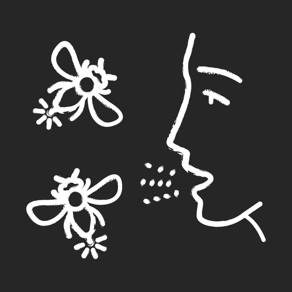 Allergies to insect stings chalk icon. Hypersensitivity of immune system. Human face and flying insects. Allergic reaction to wasps, hornets and bees bites. Isolated vector chalkboard illustration