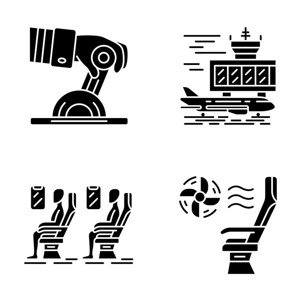 Aviation services glyph icons set. Plane conditioning system. Airplane comfortable seating. Passengers at salon. Aircraft travel. Journey amenity. Silhouette symbols. Vector isolated illustration