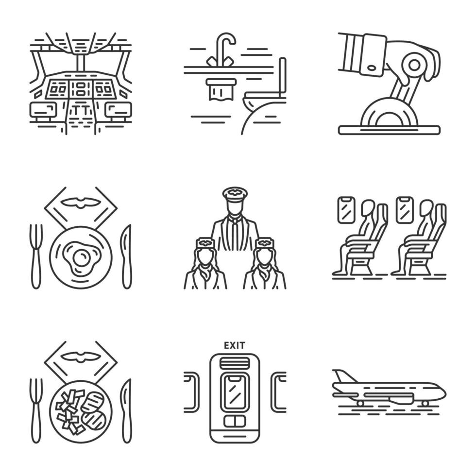 Aviation services linear icons set. Aircrew, airplane comfortable seating. Passengers at plane salon. Aircraft travel. Thin line contour symbols. Isolated vector outline illustrations. Editable stroke