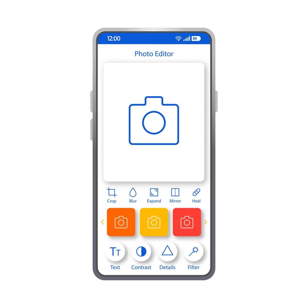 plantilla de interfaz de teléfono inteligente editor de fotos. Diseño de página de aplicación móvil. Creador de contenido. creador de publicaciones en redes sociales. pantalla de la cámara interfaz de usuario plana para la aplicación de edición de fotos. pantalla del teléfono potenciador de fotografía vector