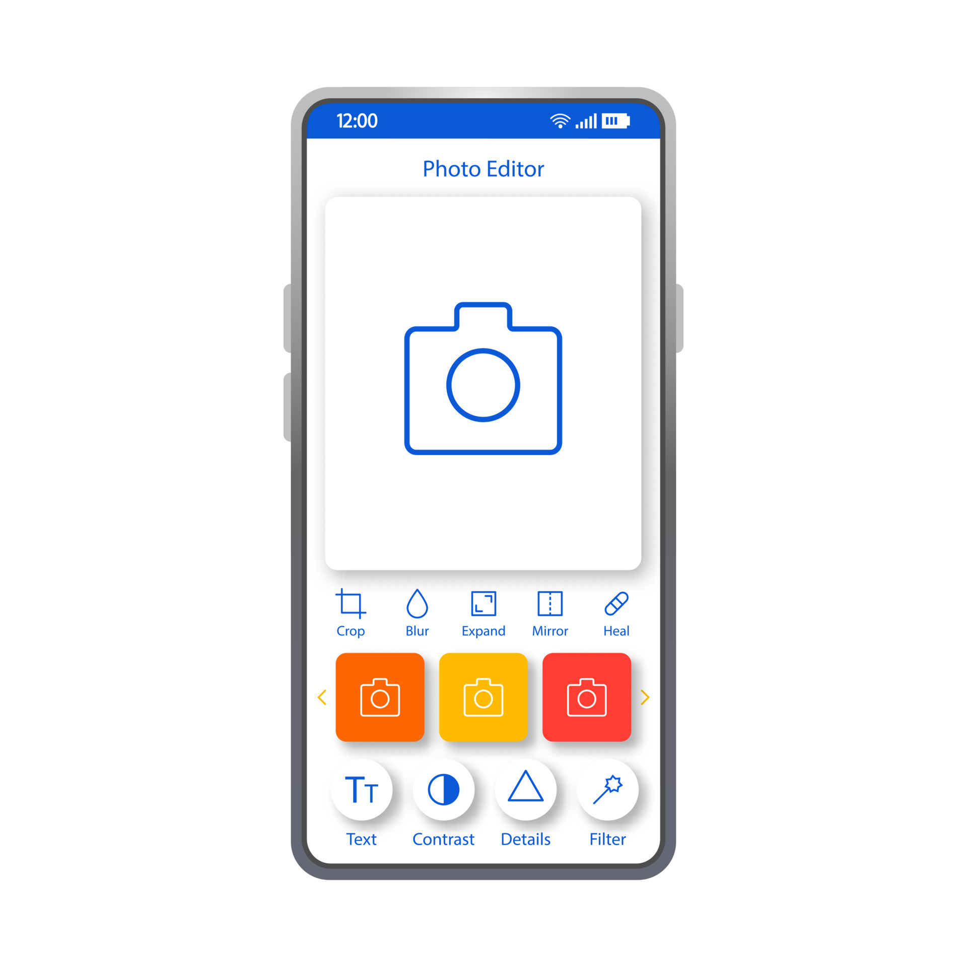 Photo editor smartphone interface template. Mobile app page layout
