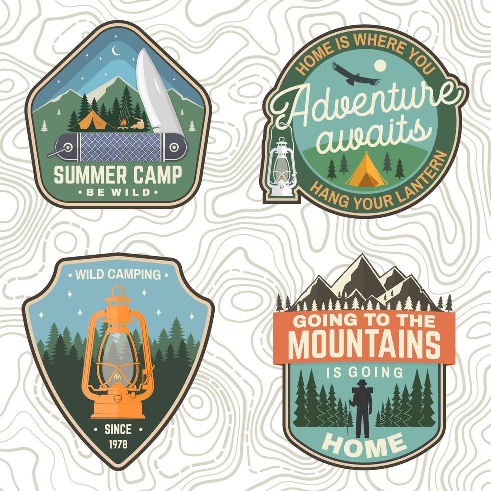 Set of Summer camp patches. Vector. Concept for shirt, stamp, apparel or tee. Vintage design with lantern, pocket knife, campin tent, axe, mountain, campfire and forest silhouette. vector