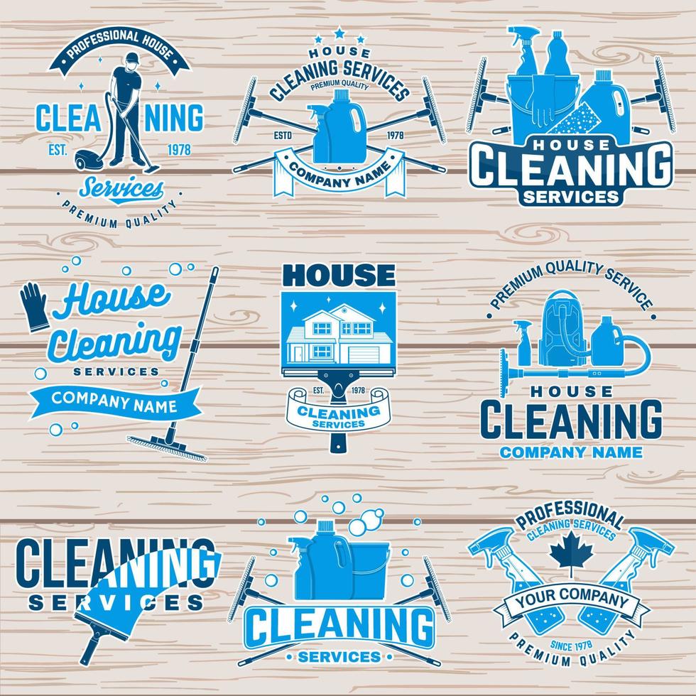 Cleaning company badge, emblem. Vector illustration. Concept for patch, stamp or sticker. Vintage typography design with cleaning equipments. Cleaning service sign for company related business