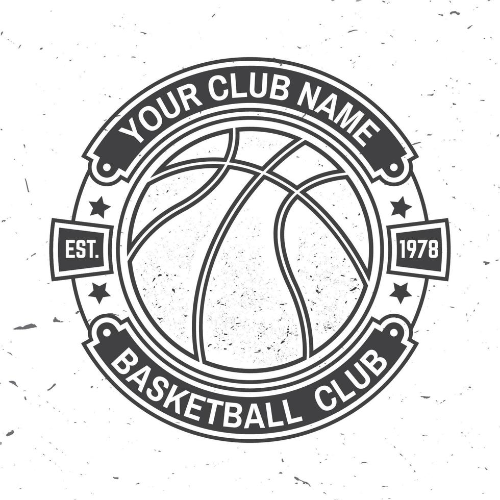 insignia del club de baloncesto. ilustración vectorial concepto para camisa, estampado, sello. diseño tipográfico antiguo con aro de baloncesto, red y silueta de pelota. vector