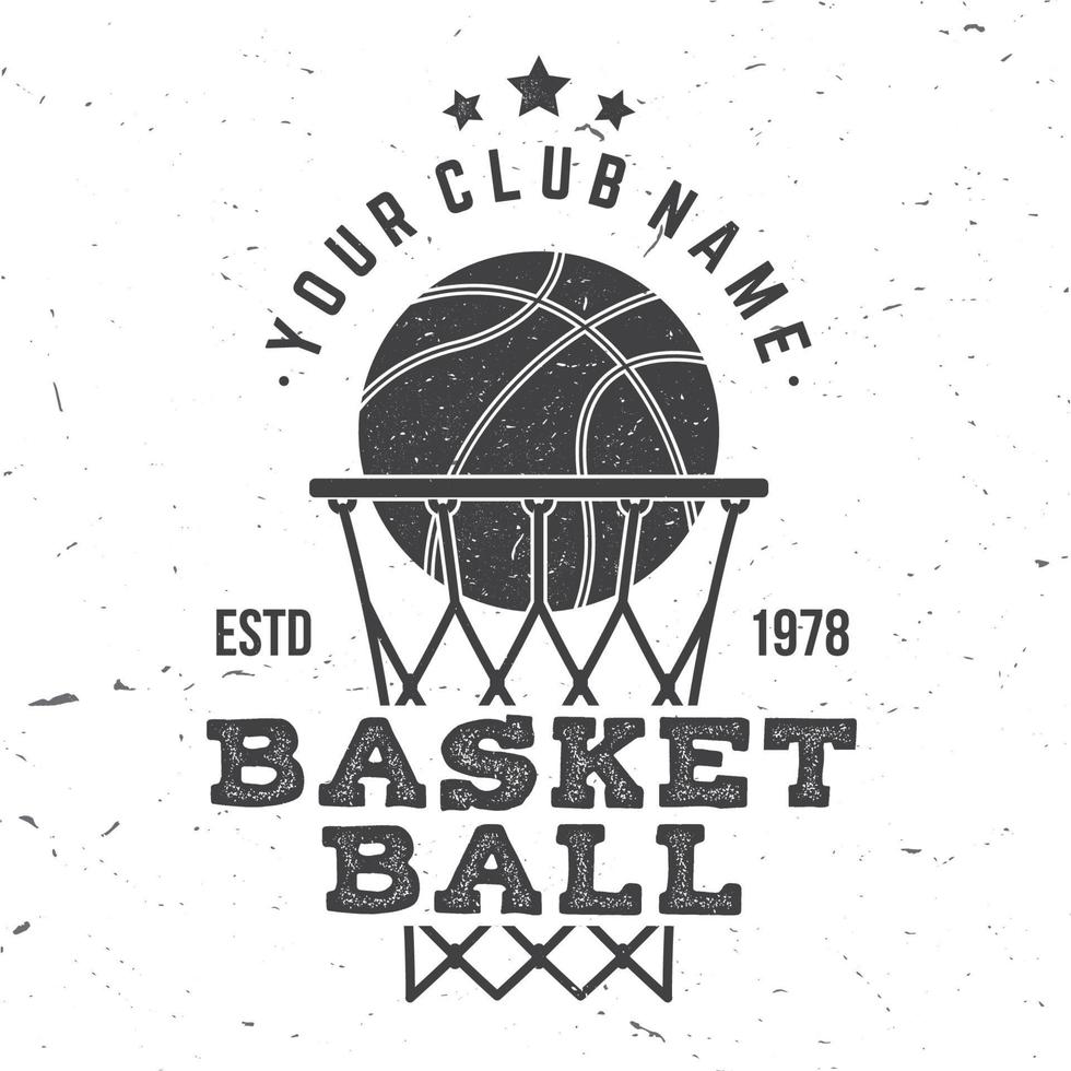 insignia del club de baloncesto. ilustración vectorial concepto para camisa, estampado, sello. diseño tipográfico antiguo con aro de baloncesto, red y silueta de pelota. vector
