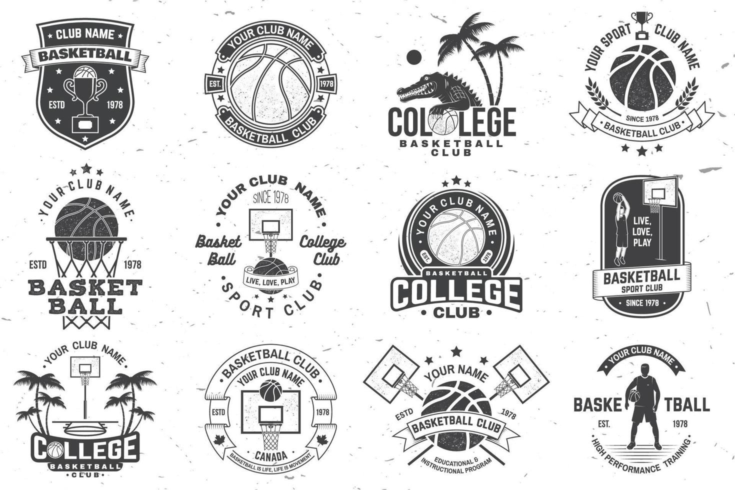 conjunto de placa del club universitario de baloncesto. vector. concepto para camisa, estampado, sello o camiseta. diseño de tipografía vintage con silueta de cocodrilo y pelota de baloncesto. vector