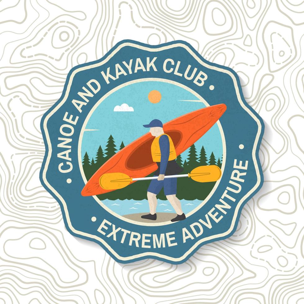 Canoe and kayak club badge. Vector Concept for shirt, patch or tee. Vintage typography design with kayaker silhouette. Extreme water sport. Outdoor adventure emblems, kayak patches.