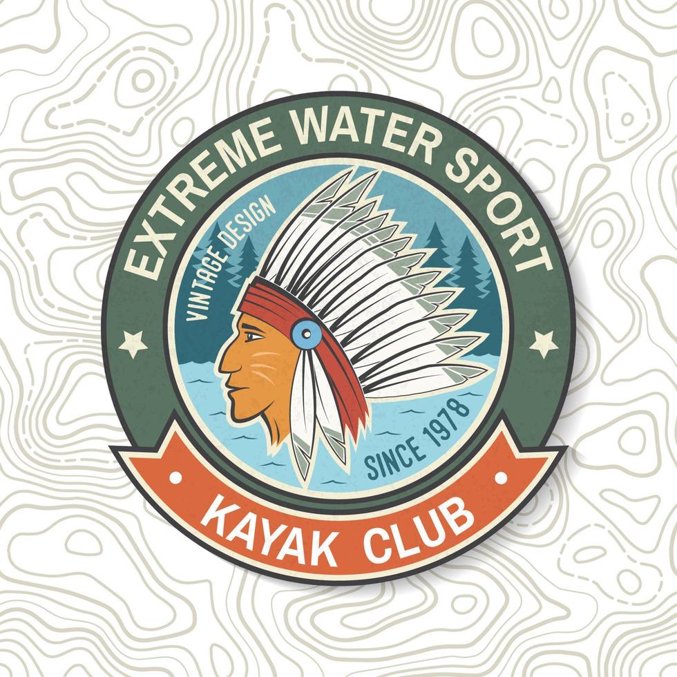 Kayak club. Vector. Concept for patch, badge, print, stamp or tee. Vintage typography design with american indian silhouette. Extreme water sport. Outdoor adventure emblems, kayak patches. vector