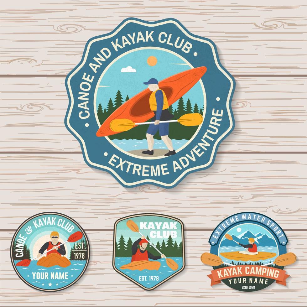 Set of canoe and kayak club badges Vector. Concept for patch, shirt, stamp or tee. Vintage design with mountain, river, forest and kayaker silhouette. Extreme water sport kayak patches vector
