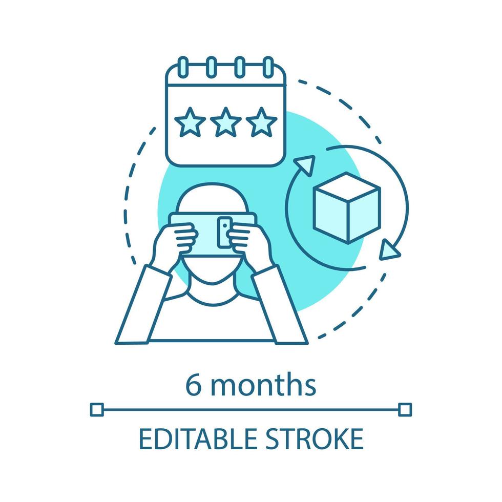 Icono de concepto de 6 meses. ar herramienta tarifa de suscripción idea línea delgada ilustración. cargo por servicio. tarifa ordinaria. dibujo de contorno aislado vectorial. aplicación móvil ar para tableta, teléfono inteligente. trazo editable vector