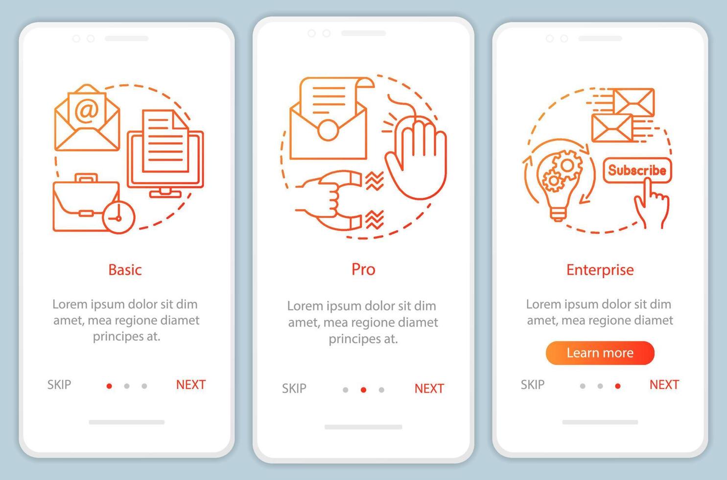 Email marketing subscription onboarding mobile app page screen with linear concepts. Enterprise tariff. Three walkthrough steps graphic instructions. UX, UI, GUI vector template with illustrations