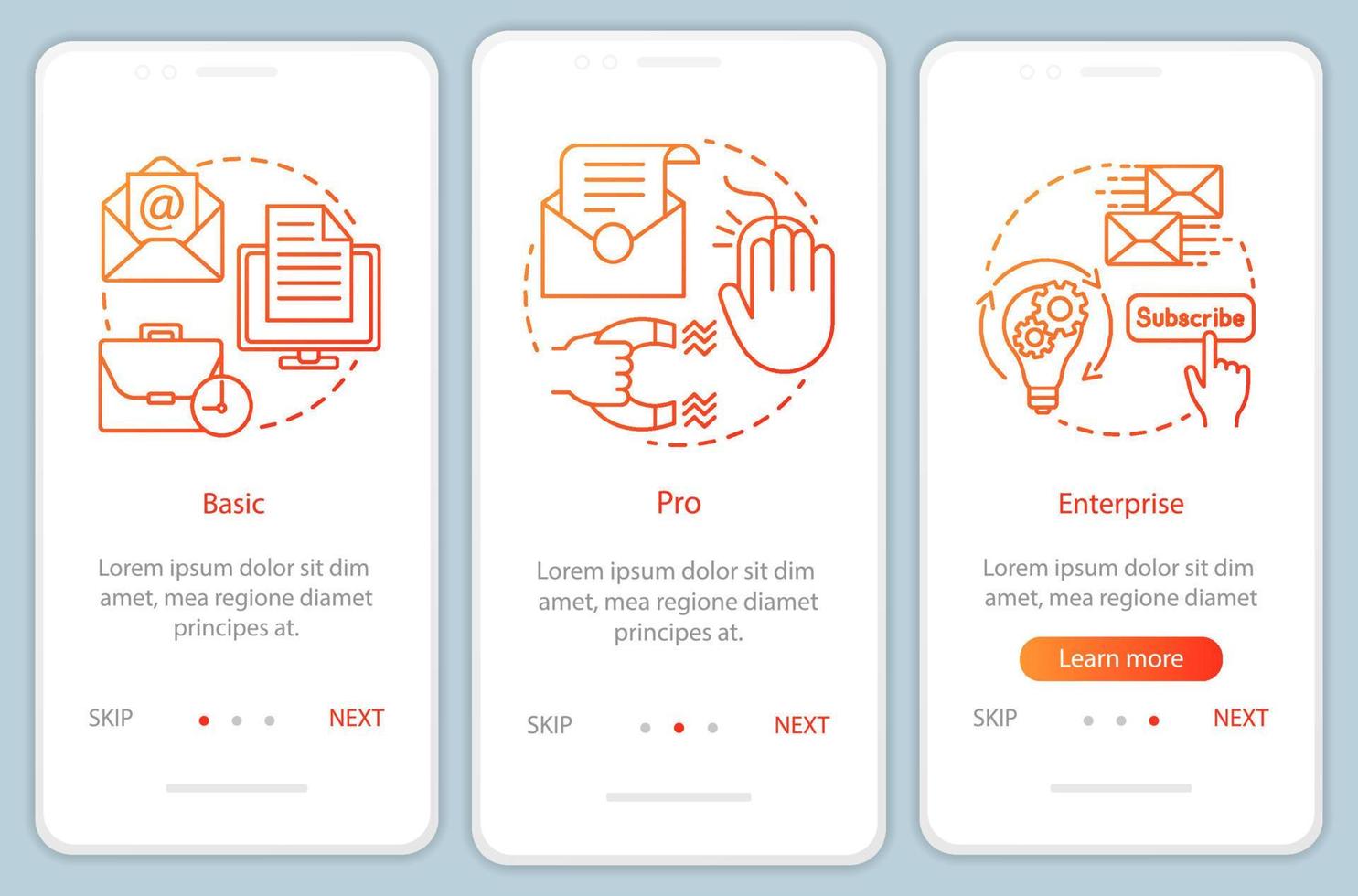 Email marketing subscription onboarding mobile app page screen with linear concepts. Enterprise tariff. Three walkthrough steps graphic instructions. UX, UI, GUI vector template with illustrations