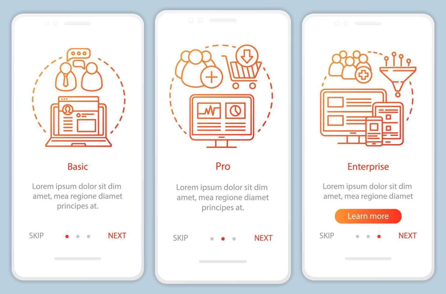 Digital marketing tools subscription onboarding mobile app page screen, linear concepts. Enterprise tariffs. Three walkthrough steps graphic instructions. UX, UI, GUI vector template, illustrations