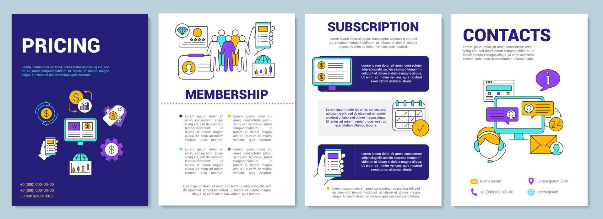 diseño de plantilla de folleto de precios. folleto, folleto, diseño de impresión de folleto con ilustraciones lineales. membresía y suscripción. diseños de páginas vectoriales para revistas, informes anuales, carteles publicitarios vector