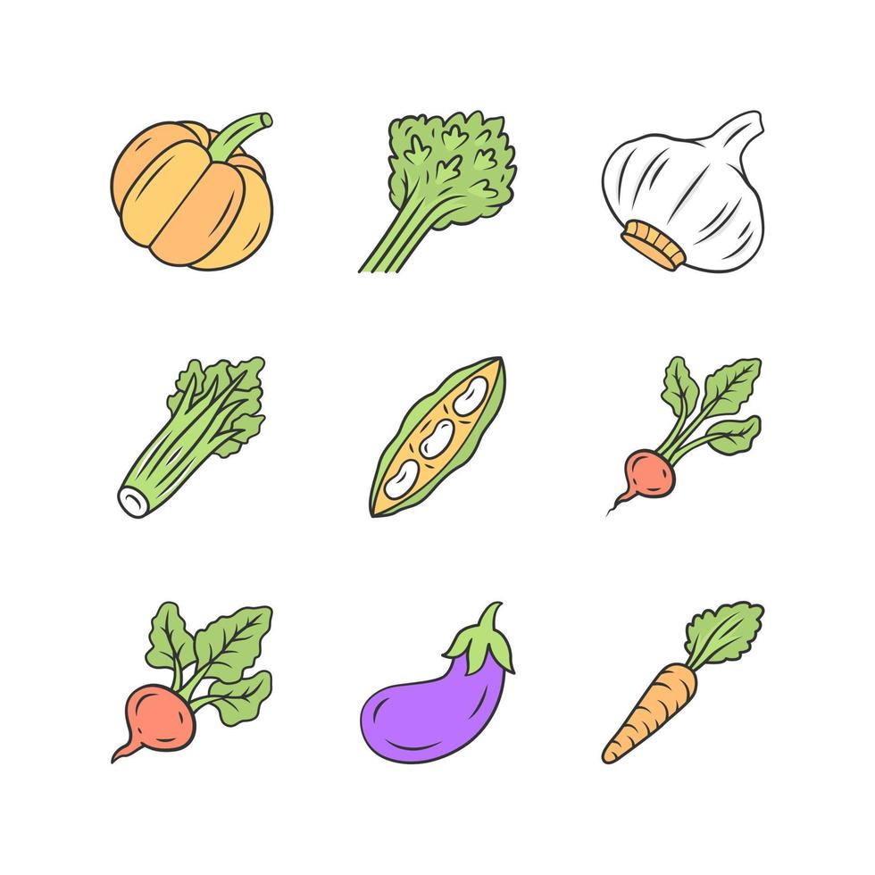 Vegetables color icons set. Pumpkin, beet, corn, tomato, pepper. Vitamin and diet. Healthy nutrition. Vegetable farm. Vegetarian food. Agriculture plant. Isolated vector illustrations