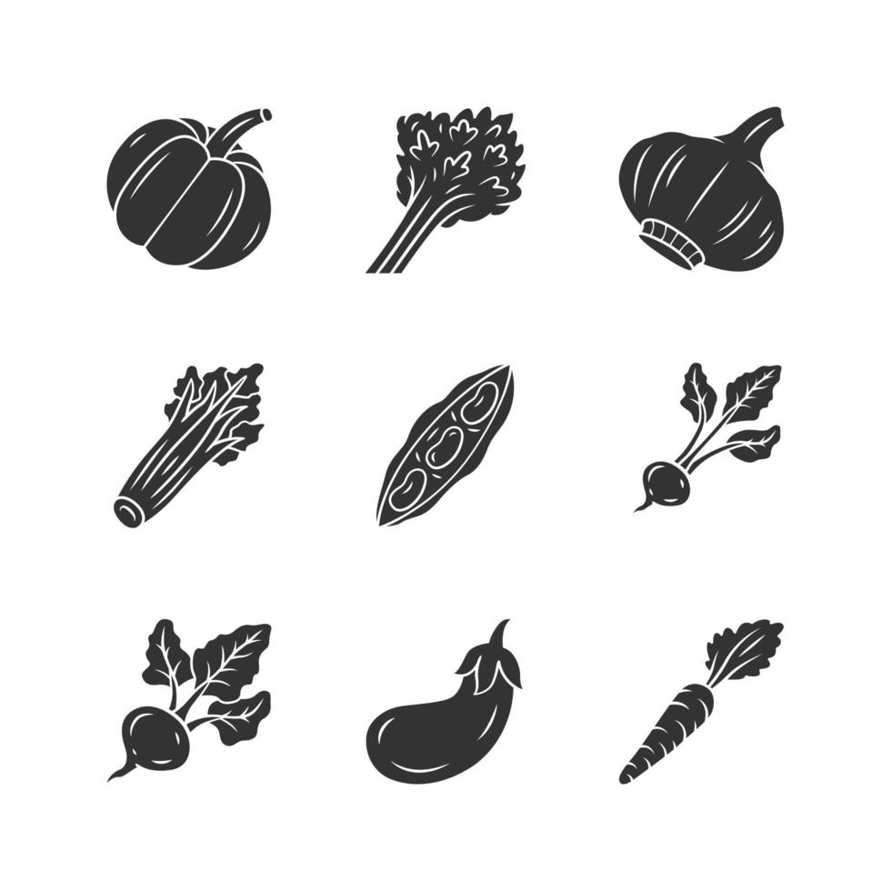 Vegetables glyph icon. Pumpkin, beet, corn, tomato, pepper. Vitamin and diet. Healthy nutrition. Salad ingredient. Silhouette symbol. Negative space. Vector isolated illustration