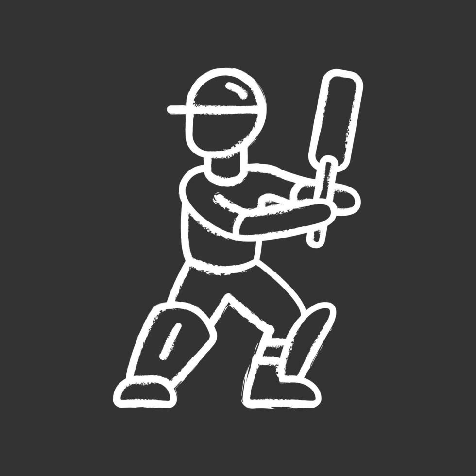 icono de tiza de jugador de críquet. bateador listo para pelear fuera de tono. jugador de cricket en uniforme, almohadillas para las piernas con bate. concurso deportivo, torneo. atleta en el patio de recreo. ilustración de pizarra de vector aislado