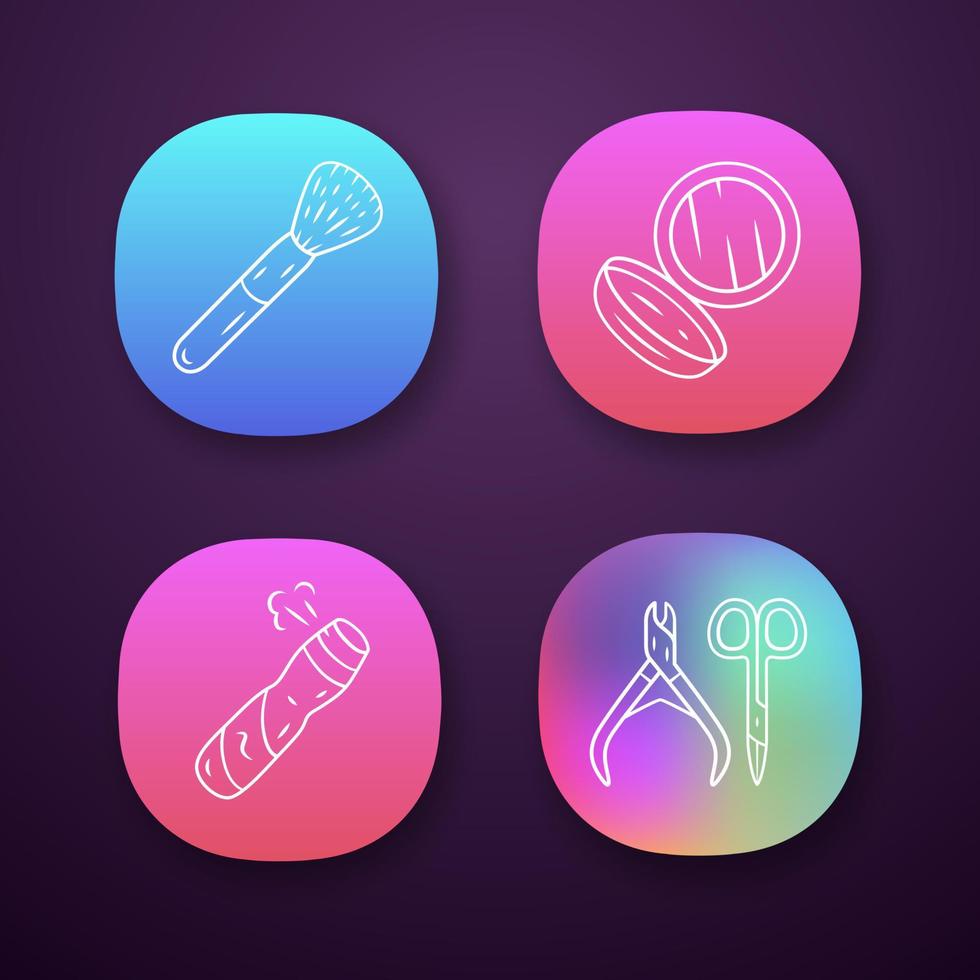 Skin care accessories app icons set. Makeup attributes, feminine hygiene. UI UX user interface. Web or mobile applications. Vector isolated illustrations. Cosmetic brush, mirror, body spray, scissors