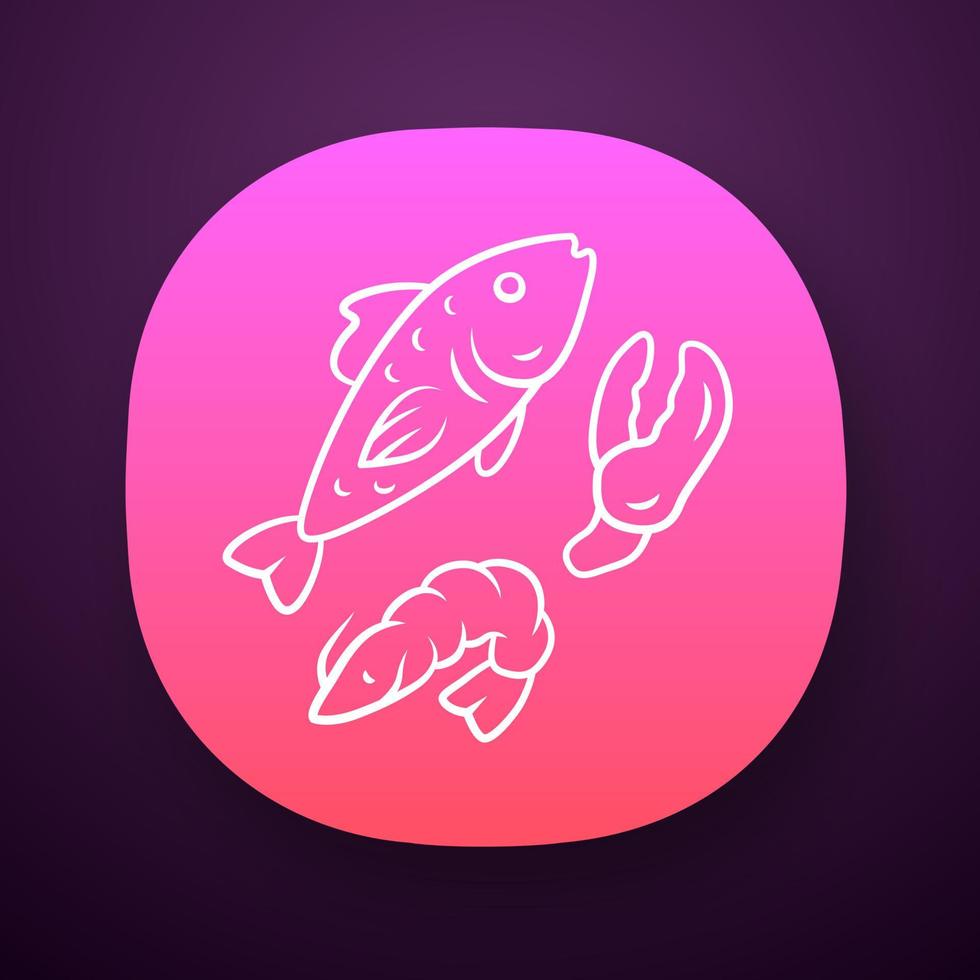 Seafood app icon. Omega 3 source products UI UX user interface. Gourmet meal, healthy food. Web or mobile application. Salmon fish, shrimp and lobster claw vector isolated illustration