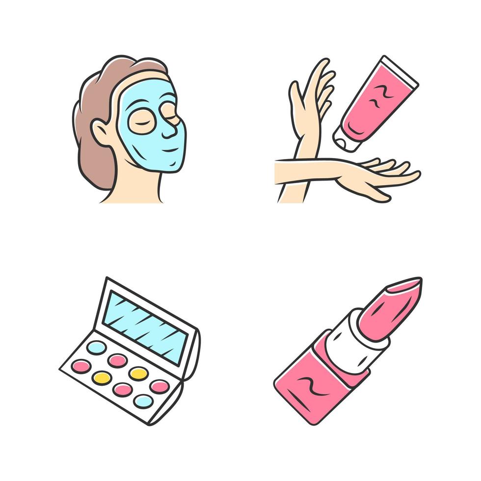 Feminine hygiene, makeup color icons set. Skin care attributes, cosmetic accessories. Beauty salon products isolated vector illustrations. Face mask, hand cream, eyeshadow palette, lipstick