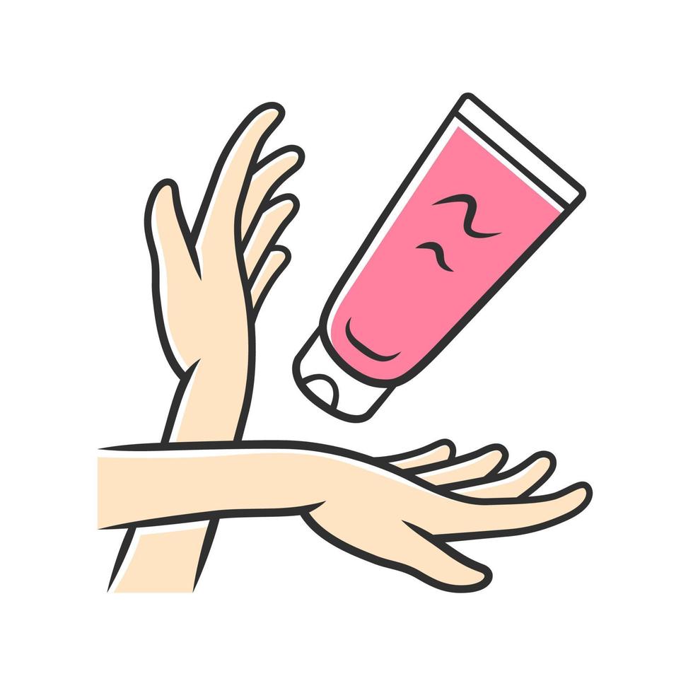 Moisturizing hand cream, sunblock color icon. Feminine hygiene, body care isolated vector illustration. Cosmetology, skincare product. Suntan and sunburn protection. Woman arms and lotion tube