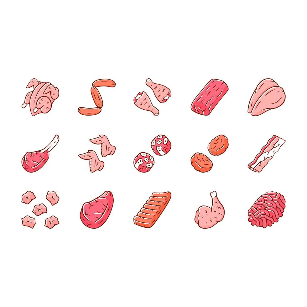 Butchers meat color icons set. Chicken drumsticks, breast and ham. Bacon, burger patties, steaks, oxtails. Butchery business. Meat production and sale. Protein sources. Isolated vector illustrations