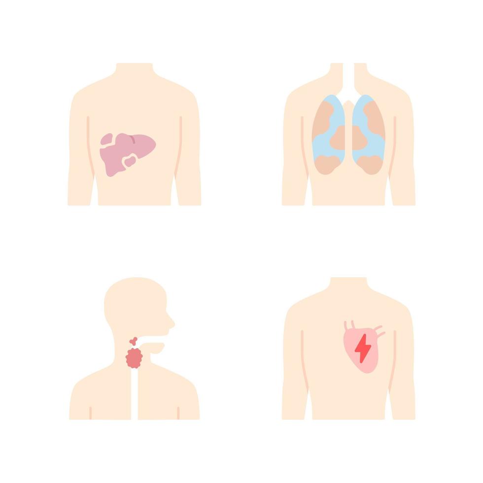 Ill human organs flat design long shadow color icons set. Sore liver and lungs. Aching throat. Unhealthy heart. Sick internal body parts. Vector silhouette illustrations